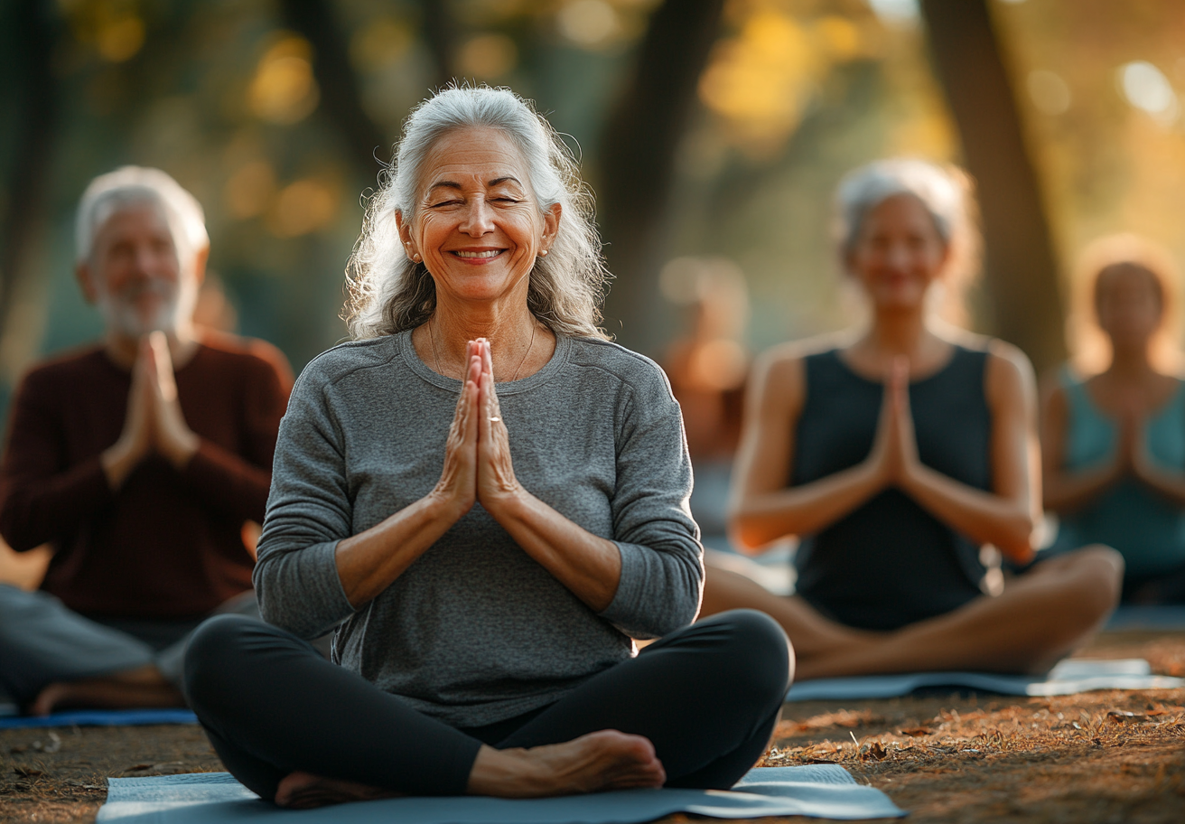 Група старших людей практикує йогу з творчими елементами